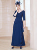 Halbarm V-Ausschnitt Stretch-Crepe Plissee Kleid Marineblau