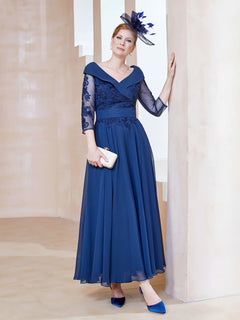 A-Linie V-Ausschnitt Applique Chiffon Kleid Marineblau