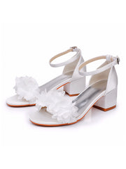 Weiß Blumensatin Offene Zehen Niedrige Blockabsätze