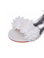 Weiß Blumensatin Offene Zehen Niedrige Blockabsätze