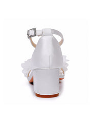 Weiß Blumensatin Offene Zehen Niedrige Blockabsätze