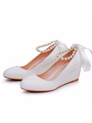 Runde Zehenpartie Plateau-Absatz Mary Jane Pumps