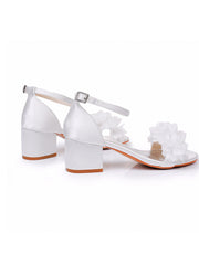 Weiß Blumensatin Offene Zehen Niedrige Blockabsätze