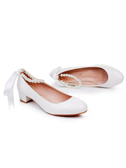 Runde Zehenpartie Niedrige Blockabsatz Perlen Hochzeitsschuhe