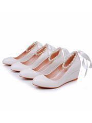 Runde Zehenpartie Plateau-Absatz Mary Jane Pumps