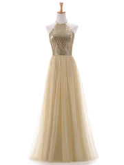 Paillette und Tüll Neckholder lang Kleid Champagner
