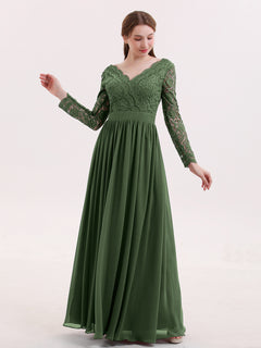 V-Ausschnitt Spitze und Chiffon Kleid mit Lange Ärmels Olivgrün