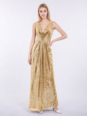 Etui-Linie V-Ausschnitt Paillette Lang Kleid Gold