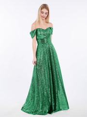 Lang Paillette Kleid mit Off-The-Schulter Dunkelgrün