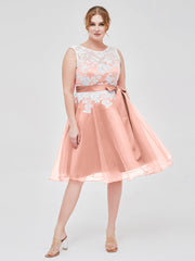 Illusion Ausschnitt Organza mit Elfenbein Spitze Applique Koralle