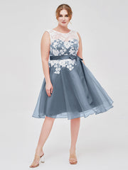 Illusion Ausschnitt Organza mit Elfenbein Spitze Applique Staubiges Blau