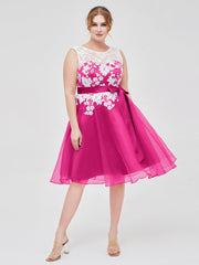 Illusion Ausschnitt Organza mit Elfenbein Spitze Applique Fuchsia