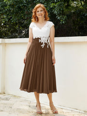 V-Ausschnitt Chiffon Kleid mit Elfenbein Appliqued Mieder Braun