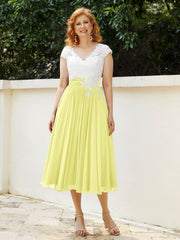 V-Ausschnitt Chiffon Kleid mit Elfenbein Appliqued Mieder Narzisse