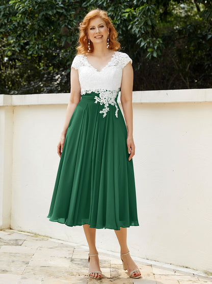 V-Ausschnitt Chiffon Kleid mit Elfenbein Appliqued Mieder Dunkelgrün