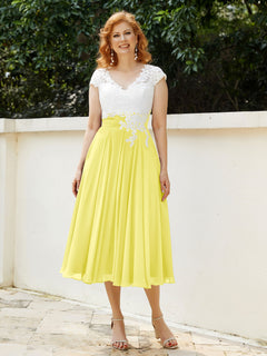 V-Ausschnitt Chiffon Kleid mit Elfenbein Appliqued Mieder Zitrone