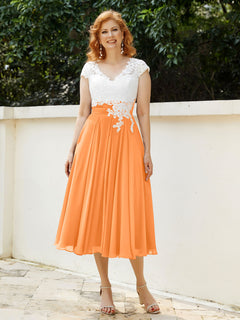 V-Ausschnitt Chiffon Kleid mit Elfenbein Appliqued Mieder Orange