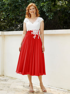 V-Ausschnitt Chiffon Kleid mit Elfenbein Appliqued Mieder Rot