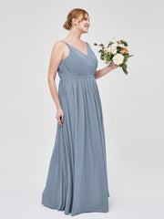 Doppel Träger Chiffon Brautjungfernkleider Staubiges Blau Übergroße