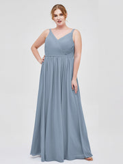 Doppel Träger Chiffon Brautjungfernkleider Staubiges Blau Übergroße