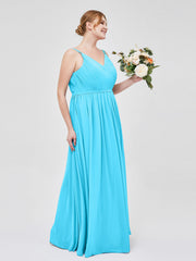 Doppel Träger Chiffon Brautjungfernkleider Schwimmbadblau Übergroße