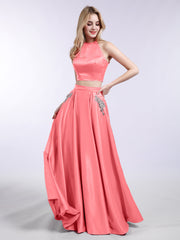 Zweiteiliger Satin Ballkleid mit Tasche Wassermelone