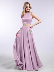 Zweiteiliger Satin Ballkleid mit Tasche Blauregen