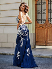 Sweep Zug Spitze Oberteil Tüll Kleid Dunkelmarine