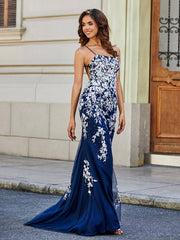 Sweep Zug Spitze Oberteil Tüll Kleid Dunkelmarine