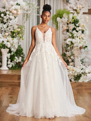 Applique Tief V-Ausschnitt Spaghettiträger Brautkleid Elfenbein