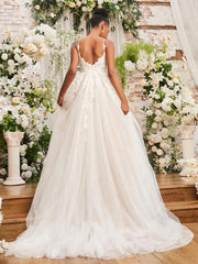 Applique Tief V-Ausschnitt Spaghettiträger Brautkleid Elfenbein