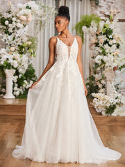 Applique Tief V-Ausschnitt Spaghettiträger Brautkleid Elfenbein