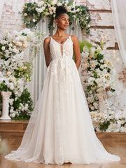 Applique Tief V-Ausschnitt Spaghettiträger Brautkleid Elfenbein