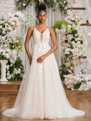 Applique Tief V-Ausschnitt Spaghettiträger Brautkleid Elfenbein