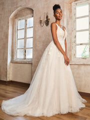 Applique Tief V-Ausschnitt Spaghettiträger Brautkleid Elfenbein