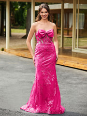 Schleife Vorne Spitzenapplikation Trompete/Meerjungfrau Kleid Fuchsia
