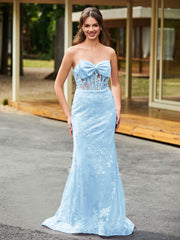 Schleife Vorne Spitzenapplikation Trompete/Meerjungfrau Kleid Himmelblau