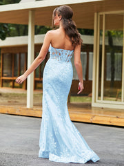 Schleife Vorne Spitzenapplikation Trompete/Meerjungfrau Kleid Himmelblau