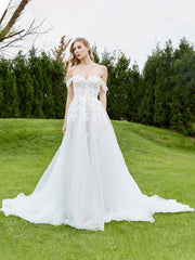Applique Schulterfrei A-Linie Brautkleid Weiß