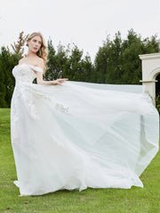 Applique Schulterfrei A-Linie Brautkleid Weiß