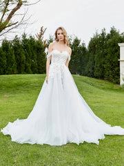 Applique Schulterfrei A-Linie Brautkleid Weiß