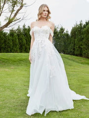 Applique Schulterfrei A-Linie Brautkleid Weiß