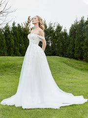 Applique Schulterfrei A-Linie Brautkleid Weiß