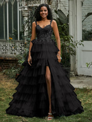 Herzform Rüschen Rock Stufen Tüll Kleid mit Schlitz Schwarz