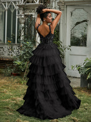 Herzform Rüschen Rock Stufen Tüll Kleid mit Schlitz Schwarz