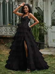 Herzform Rüschen Rock Stufen Tüll Kleid mit Schlitz Schwarz