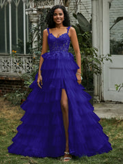 Herzform Rüschen Rock Stufen Tüll Kleid mit Schlitz Königsblau Übergröße