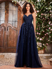 Sweep-Zug Tüll Kleid mit Schlitz Dunkelmarine