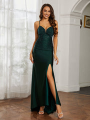 Strass Dekor Etui Kleid mit Schlitz Dunkelgrün