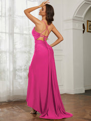 Strass Dekor Etui Kleid mit Schlitz Fuchsia